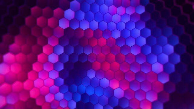 Hexagon Honeycomb Grid Design with waves of Colourful lights Abstract animation motion background with seamless looping UHD 4K Neon