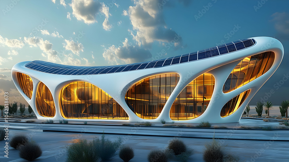 Poster modern architectural structure with unique design and solar panels.