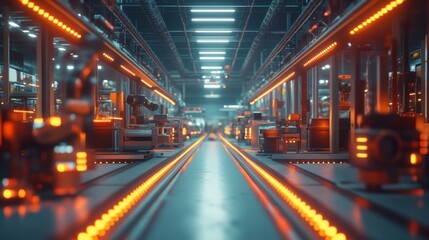 Obraz premium Futuristic Automated Assembly Line with Robotic Arms and Illuminated Conveyors