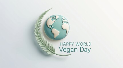 minimalistic Happy World Vegan Day logo with a simple globe and leaf design.