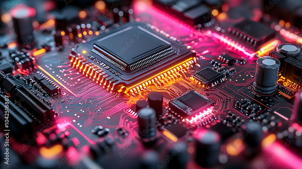 Poster close-up of a circuit board with glowing components and connections.
