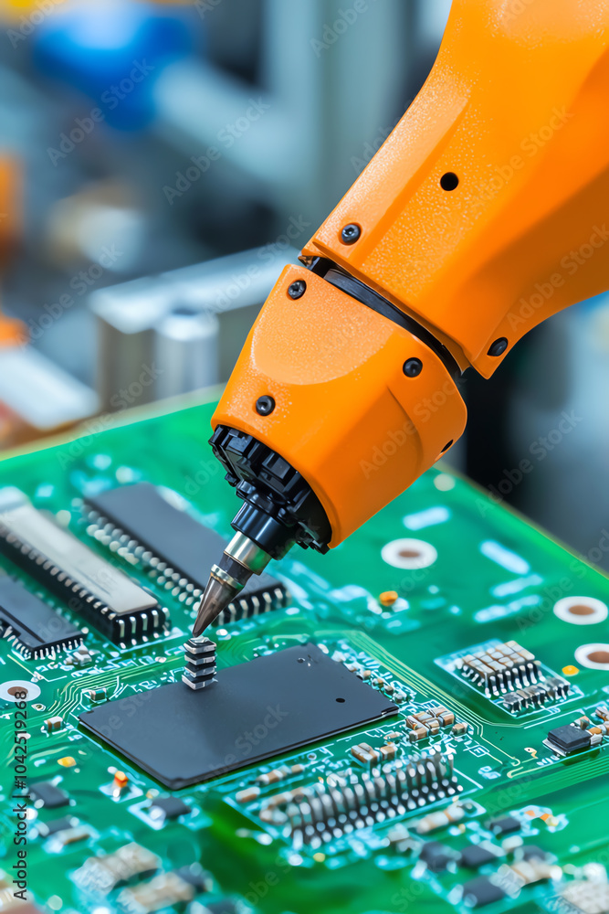 Poster robotic arm precision as it assembles circuit boards in a high-tech manufacturing environment
