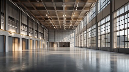 A spacious, empty warehouse with large windows, concrete floor, and high ceilings.