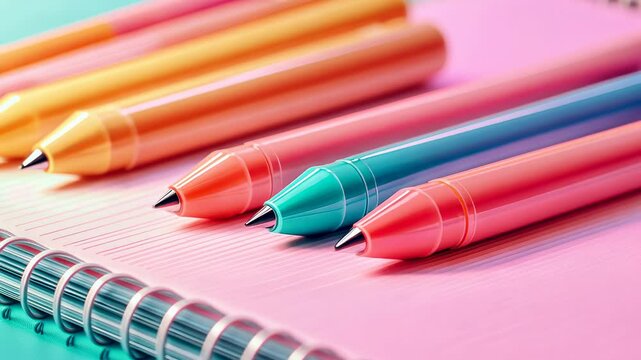 Colorful pens arranged on a pink notebook