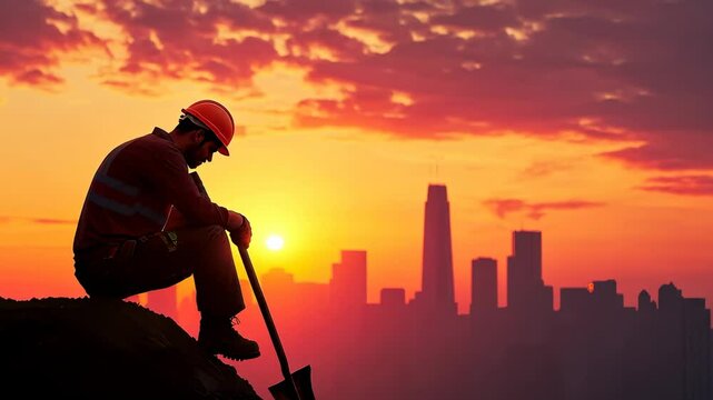 A hard-working laborer silhouetted against a vibrant sunset