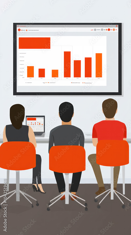 Poster three people are sitting in chairs in front of a large monitor. the monitor displays a graph with a 