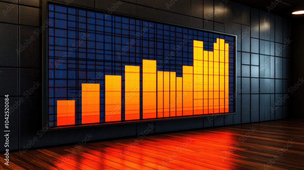 Poster a large screen with a series of orange bars and a blue background. the bars are arranged in a way th