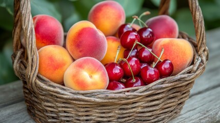 A wicker basket overflowing with fresh red cherries and peaches
