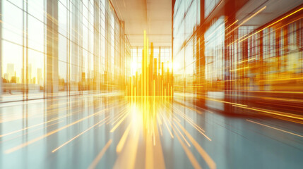 A city skyline is reflected in a large window. The image is a blurred, abstract representation of the cityscape
