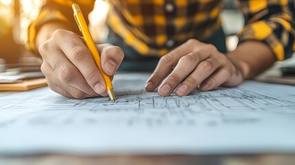 Hands of a Professional Engaged in a Technical Drawing Task Amidst a Productive Workspace Environment Capturing Expert Concentration