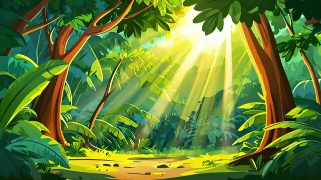 Cartoon Sunlight Penetrating Trees in Tropical Forest