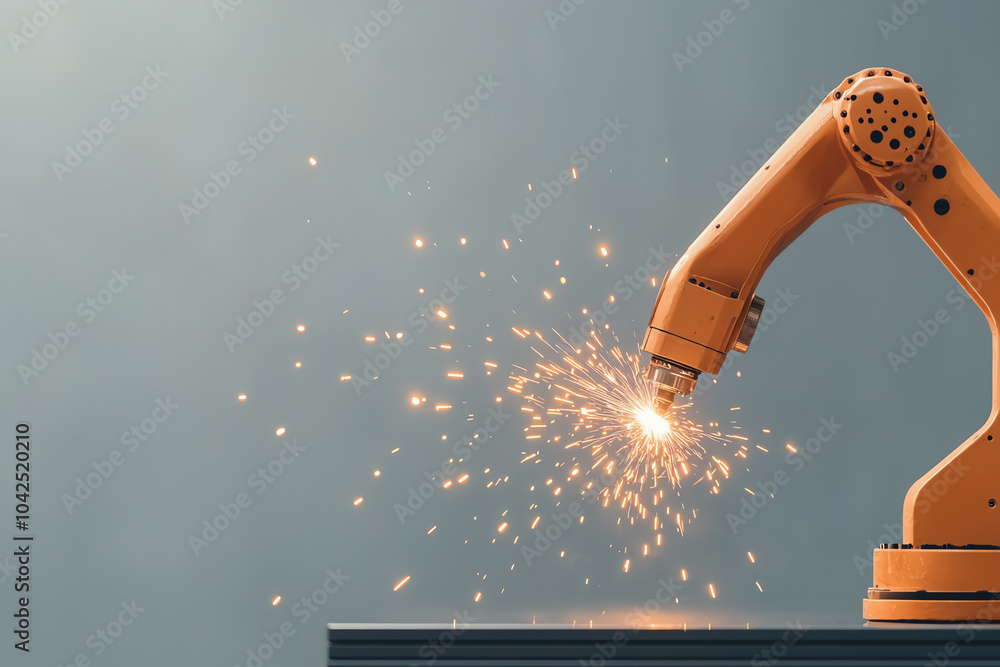 Poster dynamic industrial robot performing metal work with sparks igniting in the workshop environment