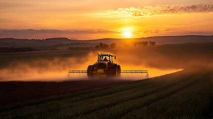 Fototapeta premium Tractor spraying fields at sunset, creating a serene agricultural scene.