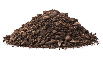 Brown soil pile isolated on a white background, resembling cocoa powder, highlighting its organic texture and natural earthy qualities