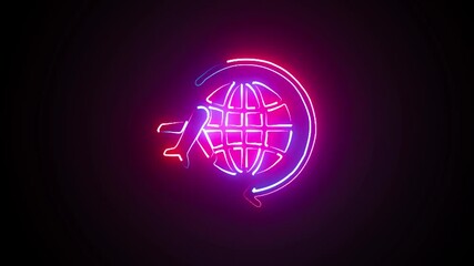 Traveling by plane icon glowing neon concept, abstract world plane pink purple color icon animation on black background