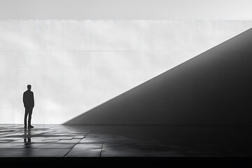A solitary man stands in sharp contrast against a minimalist wall, bathed in light and shadow.
