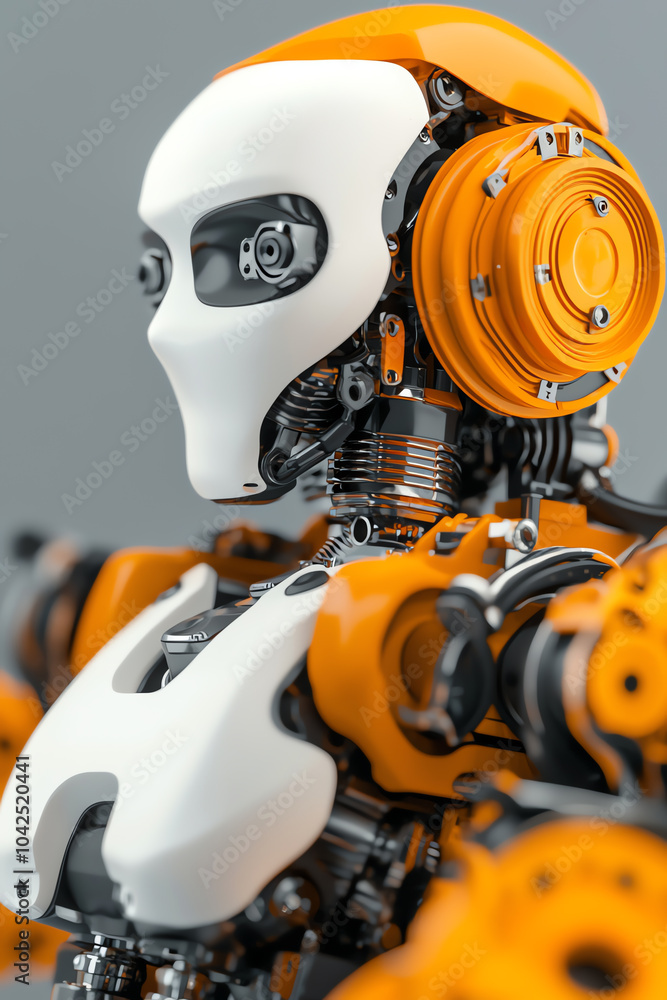 Poster futuristic robot design with orange and white aesthetic exploring the intersection of technology and