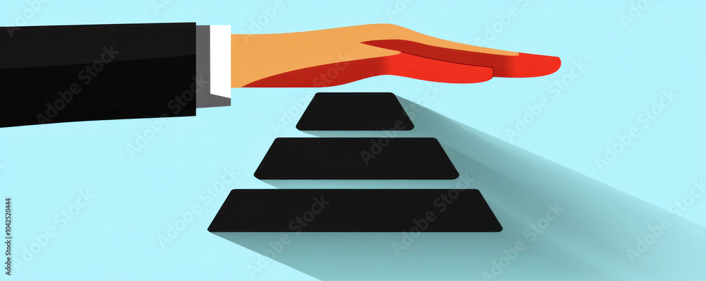 Poster a hand is reaching up to block a pyramid. the pyramid is made up of four blocks. the hand is red and