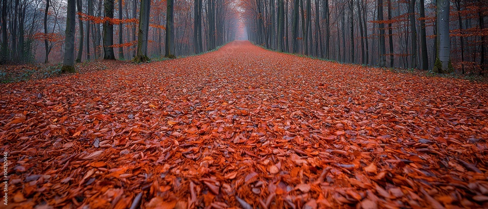 Poster a path through a forest covered in fallen autumn leaves