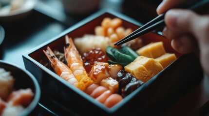 Close up of a hand using chopsticks to pick up a piece of cucumber from a colorful Japanese bento box with seafood, egg, and vegetables.