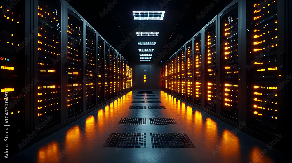 Poster data center corridor with illuminated server racks.