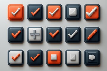 Set of modern 3D checkmark icons in orange and gray.