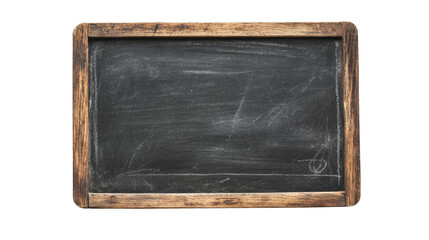 Fototapeta premium A blank blackboard with chalk on a white background, showcasing an empty wooden frame ideal for educational messages