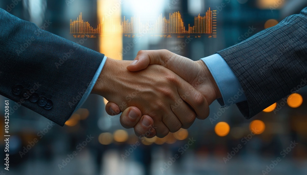 Poster Businessmen Shaking Hands with a Data Visualization in the Background