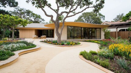 Modern Home Surrounded by Colorful Garden Landscape