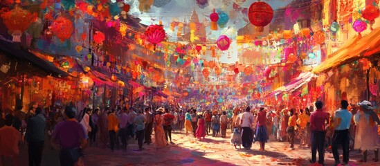 A bustling street scene in a vibrant city decorated with colorful lanterns and flags, filled with people and a festive atmosphere.