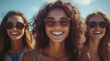 Three smiling women in sunglasses enjoying a sunny beach day.