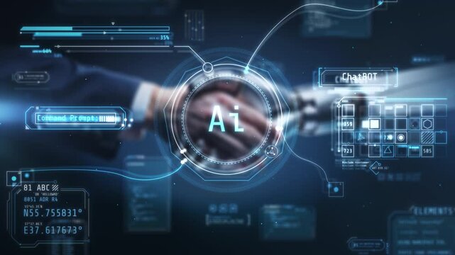 Businessman and robot shaking hands through futuristic hologram interface