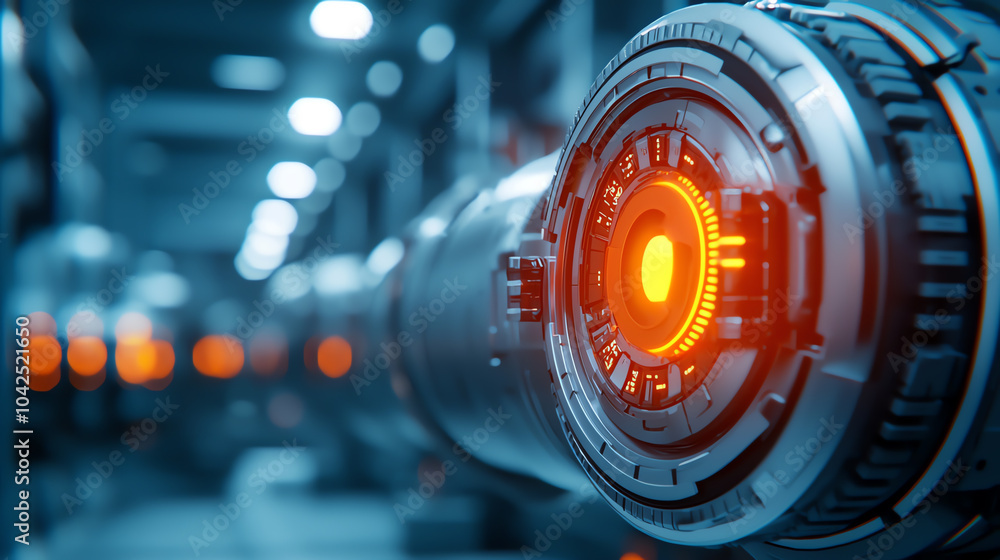 Poster futuristic mechanical component with glowing details in a high-tech environment
