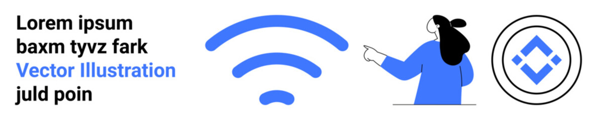 wireless symbol next to a person pointing at a circular logo on a white background. Ideal for technology, connectivity, digital communication, modern design, minimalism. Banner for landing page