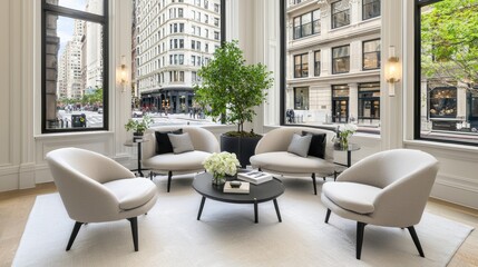 Fototapeta premium Modern Living Room with Elegant Furniture and Greenery