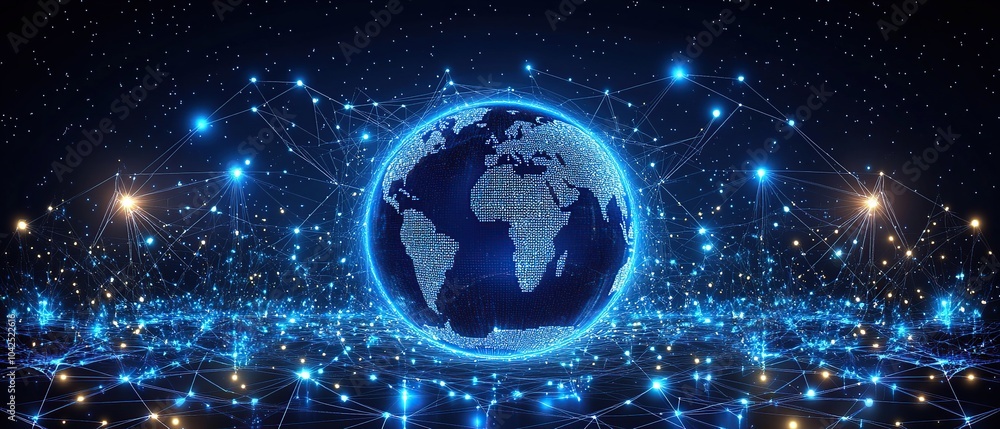 Poster abstract digital globe with glowing lines and dots, representing global connection and technology.