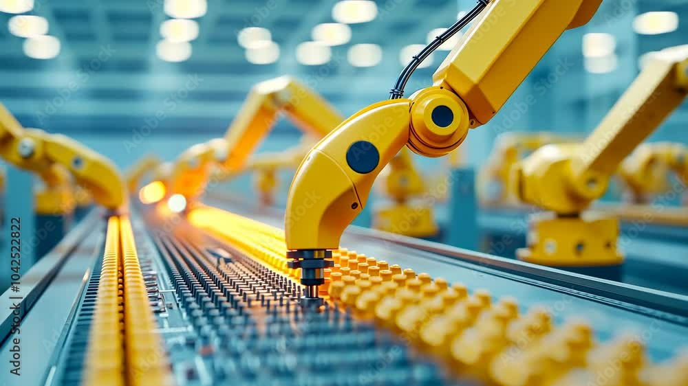 Poster close-up of an industrial robotic arm assembling components on a production line in a modern factory