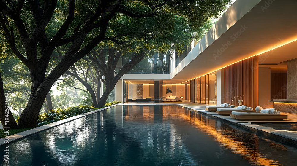 Canvas Prints Modern minimalist villa with a serene pool and lush surroundings.