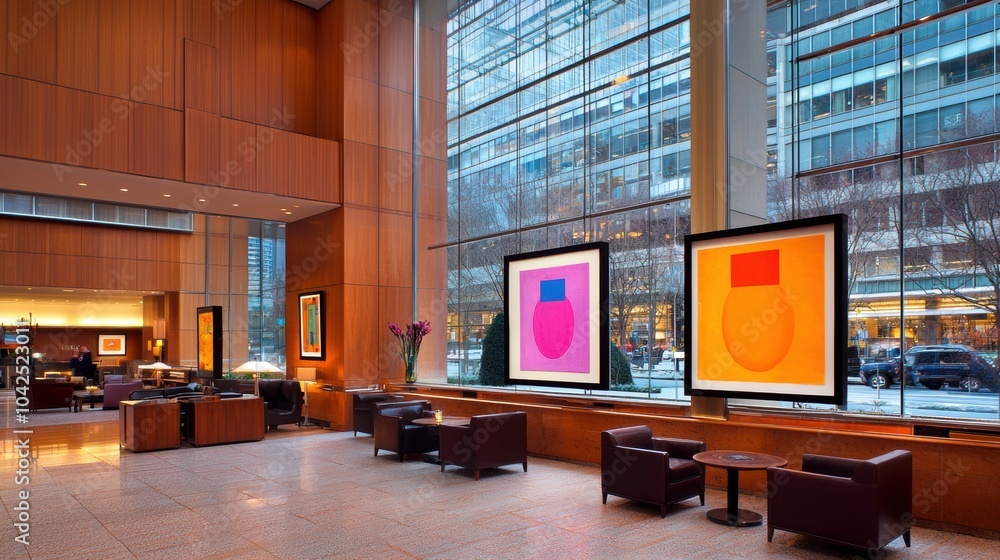 Poster modern lobby with abstract art and large windows