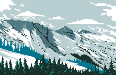 WPA Poster Art of Alta ski area in the Wasatch Mountains located in Salt Lake County, Utah, United States USA done in works project administration style in landscape format.
