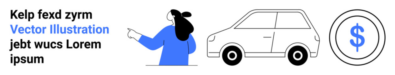 Woman pointing at a car with a dollar sign symbol on the right side. Ideal for automotive, finance, marketing, e-commerce, and business presentations. Banner for landing page