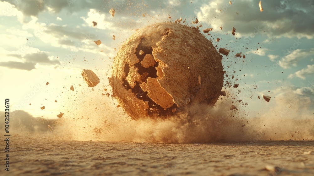 Poster fantasy 3d rendering of a cluster of sand particles creating a broken or fragmented globe or sphere
