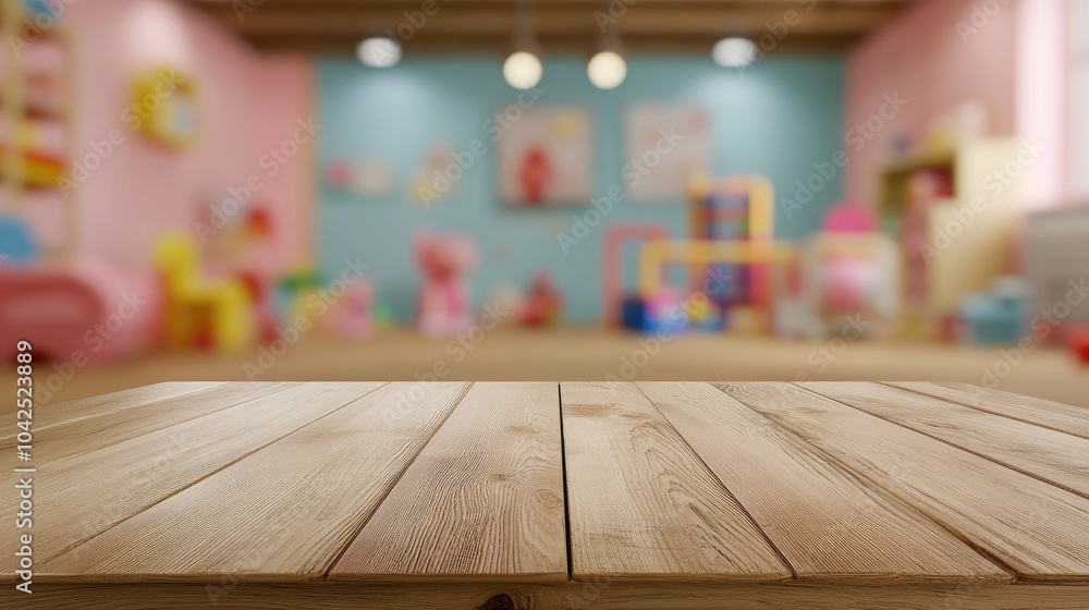 Poster 3d rendering of a wooden table with empty space above a blurred background of a children s room feat