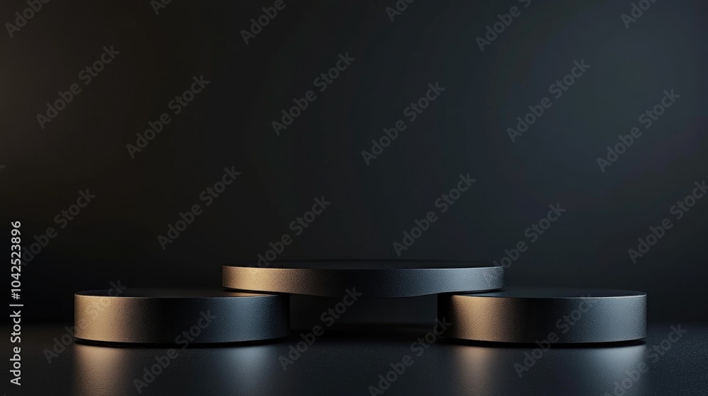 Poster black podium or pedestal set against a dark background with an extended platform empty product displ