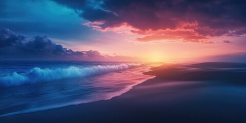 Obraz premium Stunning coastal scenery with sandy beach and gentle ocean waves, Beautiful beach landscape with soft waves and sandy shore