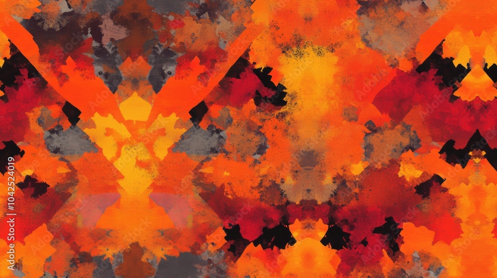 Poster kaleidoscope shapes in abstract orange bohemian style with red ceramic tile design artistic psychede