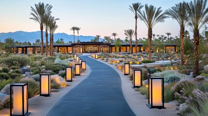 Fototapeta premium Serene Pathway in Desert Oasis at Dusk