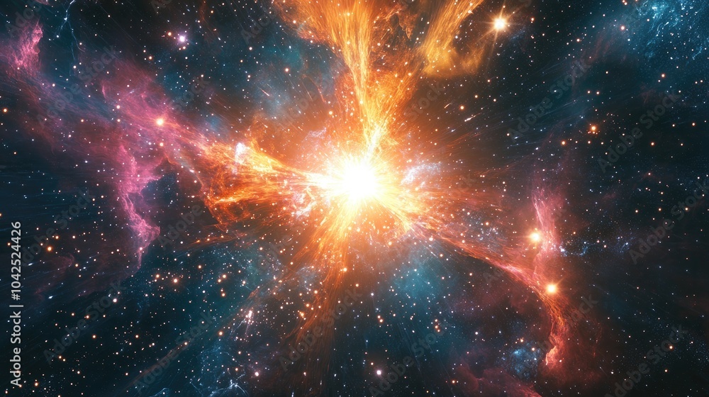 Poster rendering of a 3d cartoon depiction of a supernova explosion featuring a bright star nebula in a dis