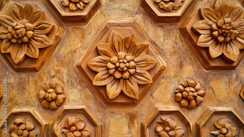 Poster golden brown hexagonal floral pattern and design presented in a square format