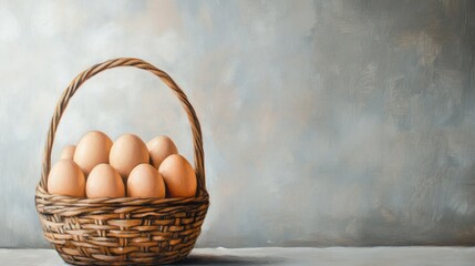 Oil painting of eggs in a wooden basket against a grey backdrop featuring ample copy space